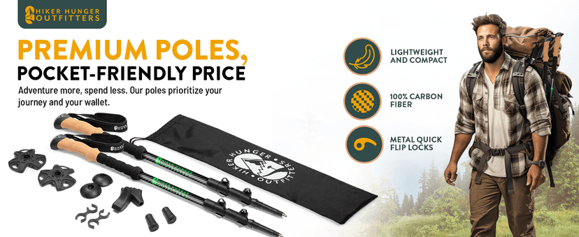 100% Carbon Fiber Trekking Poles by USA Brand - Ultra Strong Lightweight Collapsible Hiking Poles with Cork and EVA Foam Grips & Quick Adjustable Flip Locks