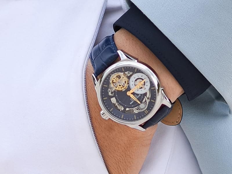 Stuhrling Mens Automatic Dress Watch Stainless Steel with Automatic Skeleton with Duel Time AM/PM Indicator