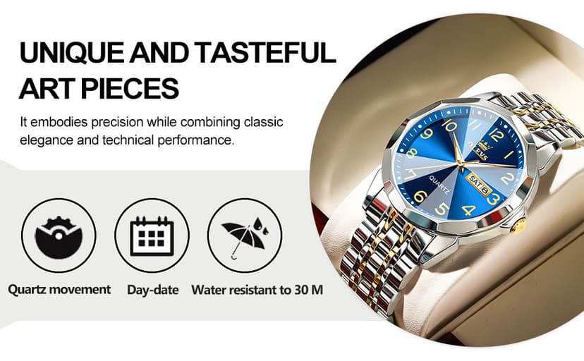 OLEVS Men's Casual Stainless Steel Watch, Big Face Easy to Read Analog Quartz Watch with Day and Date, Classic Waterproof Diamond Roman Arabic Numerals Dial Dress Watch for Men, Gold Silver Black Band
