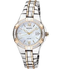 SEIKO Watch for Women - Diamond Collection - with 18 Diamond Accents, Solar Power, Mother-of-Pearl Dial, Two-Tone Rose Gold Stainless Steel Case & Bracelet, and Water-Resistant to 50m