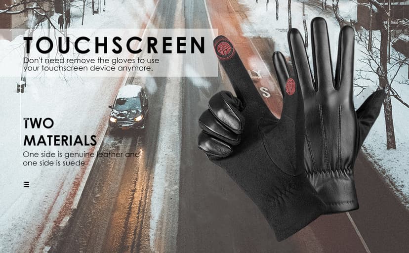 alqqas Winter Fashion Leather Gloves for Men, Finger Touchscreen Texting Wool Lined Warm Windproof Suede Driving Gloves