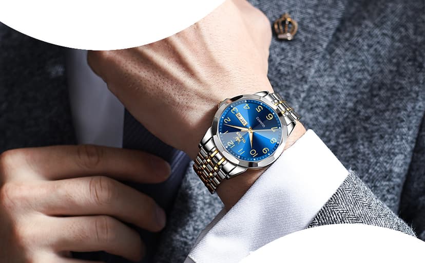 OLEVS Men's Casual Stainless Steel Watch, Big Face Easy to Read Analog Quartz Watch with Day and Date, Classic Waterproof Diamond Roman Arabic Numerals Dial Dress Watch for Men, Gold Silver Black Band