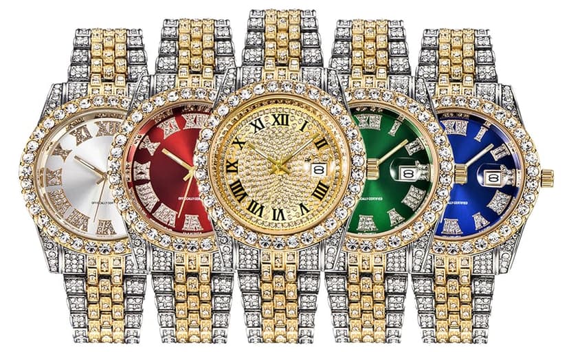 HUNRUY Hip Hop Watches for Men Iced-Out Bling Diamond Luxury Quartz Watches with Date