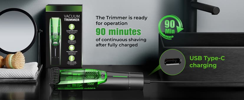 Beard Trimmer for Men: All-in-One Vacuum Mustache Trimmer With Precision Dial,Adjustable 20 Length Setting Premium Facial Hair Groomer with Length Comb USB-C Recharge, Waterproof Wet/Dry Clipper