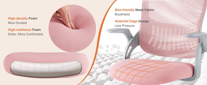 Sweetcrispy Home Office Computer Desk Chair, Ergonomic Mid-Back Mesh Rolling Work Swivel Task Chairs with Wheels, Comfortable Lumbar Support, Comfy Flip-up Arms for Bedroom, Study, Student, Pink