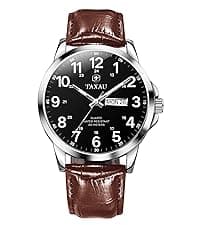 Taxau Men's Watches Leather Band Stainless Steel Quartz Analog Watch Luxury Waterproof Watches for Men Dress Men's Wrist Watch with Day Date Arabic Numeral Relojes para Hombre