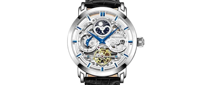 Stuhrling Original Mens Skeleton Automatic Dress Watch with Alligator Embossed Leather Strap Skeleton Dial