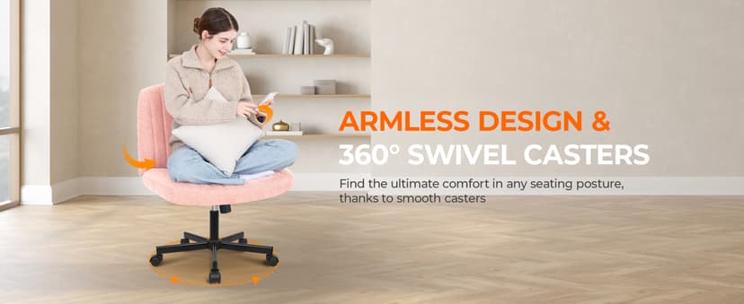 Orange Factory Criss Cross Chair Wheels Wide Cross Legged Office Desk Vanity Chair Comfy Fabric Armless Adjustable Swivel for Home Computer Task (Pink)
