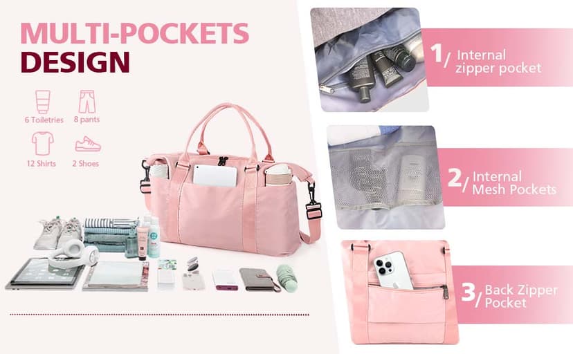 TOPBAG Travel Duffle Bag, Waterproof Weekender Carry On Tote Bags for Women, Sport Gym Bag for Men, Hospital Bag for Labor and Delivery, Overnight Luggage Bag with Trolley Sleeve Coral Pink