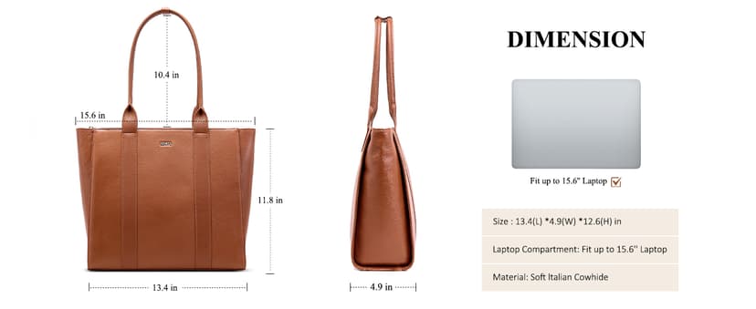 BOYATU Leather Tote Bag for Women Work: Genuine Leather Shoulder Purses - Travel Handbag with 15" Compartment