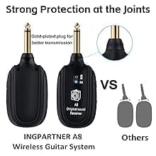 A8 Wireless Guitar Transmitter Receiver System, 2.4GHz Rechargeable, 24-bit/48KHz Audio, Low Latency <4ms for Electric Guitar & Bass, Wireless Audio Transmitter & Receiver (A8(1TX+1RX))