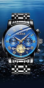 OLEVS Watch for Men Diamond Business Dress Analog Quartz Stainless Steel Waterproof Luminous Date Two Tone Luxury Casual Wrist Watch Blue