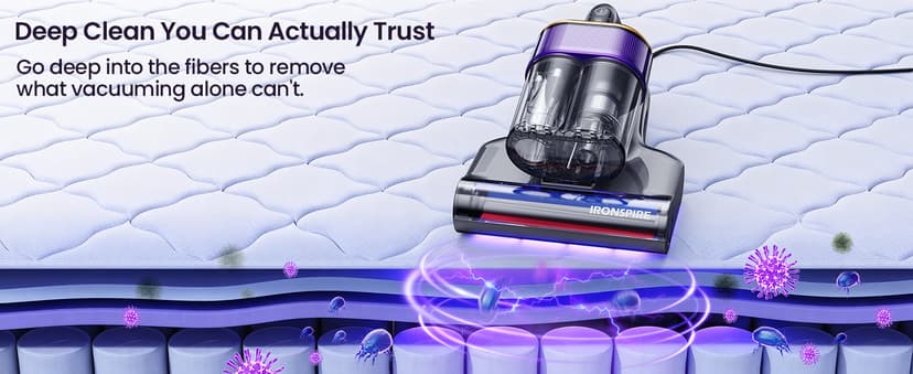 IRONSPIRE Bed Vacuum Cleaner, Mattress Vacuum with 2 Roller Brushes 253.7nm UV-C Light & Ultrasonic,145°F Heat, HEPA Filter, 18kPa Suction 650W Powerful Handheld Vacuums for Dust & Pet Hair(Corded)