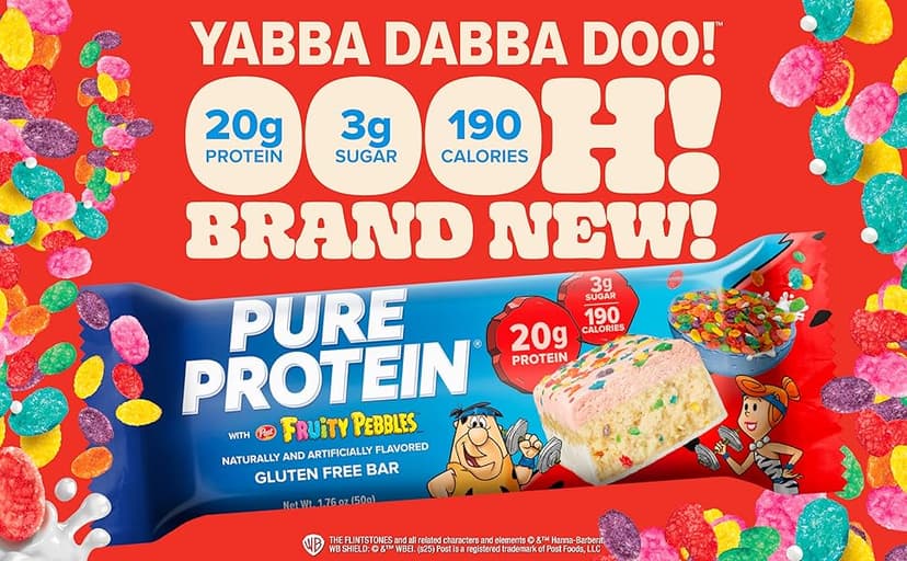 Pure Protein Fruity PEBBLES™ Protein Bars – 20g Protein, 3g Sugar, 190 Calories (4 count) Low Sugar* High Protein Snack – Gluten Free - Perfect for a Healthy Snack.