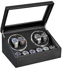 ANWBROAD ANWBROAD Watch Winder for Automatic Watches 4 Watch Rotator and 6 Extra Storages with Super Quiet Motor and LED Backlight Turner Carbon Fiber Shaker 5 Rotating Modes USB UJWW002F
