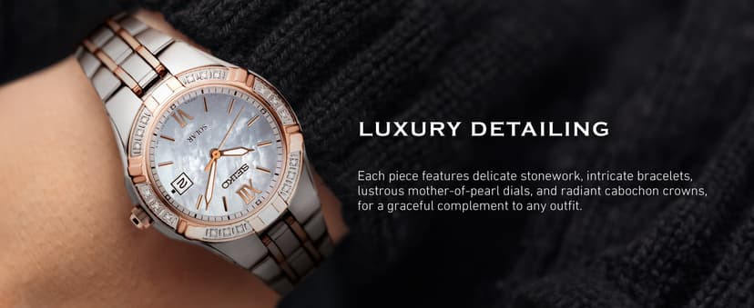 SEIKO Watch for Women - Diamond Collection - with 18 Diamond Accents, Solar Power, Mother-of-Pearl Dial, Two-Tone Rose Gold Stainless Steel Case & Bracelet, and Water-Resistant to 50m