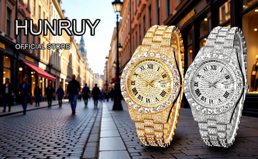 HUNRUY Hip Hop Watches for Men Iced-Out Bling Diamond Luxury Quartz Watches with Date