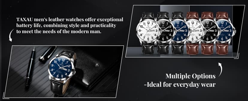 Taxau Men's Watches Leather Band Stainless Steel Quartz Analog Watch Luxury Waterproof Watches for Men Dress Men's Wrist Watch with Day Date Arabic Numeral Relojes para Hombre