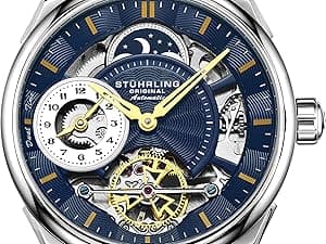 Stuhrling Mens Automatic Dress Watch Stainless Steel with Automatic Skeleton with Duel Time AM/PM Indicator