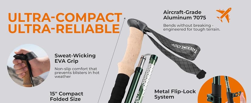 Trekology Trek-Z Collapsible Hiking & Trekking Poles - Balance Support for Seniors, Women, and Men, 2pc Per Set