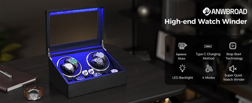ANWBROAD ANWBROAD Watch Winder for Automatic Watches 4 Watch Rotator and 6 Extra Storages with Super Quiet Motor and LED Backlight Turner Carbon Fiber Shaker 5 Rotating Modes USB UJWW002F