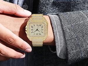 Apzzic Diamond Iced Out Watch CZ Gold Plated 40mm Width Roman Numerals Dial Quartz Wristband Watch for Men Women