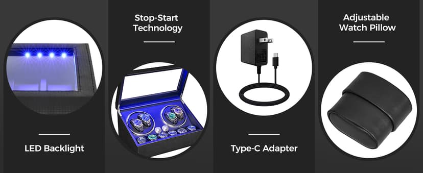 ANWBROAD ANWBROAD Watch Winder for Automatic Watches 4 Watch Rotator and 6 Extra Storages with Super Quiet Motor and LED Backlight Turner Carbon Fiber Shaker 5 Rotating Modes USB UJWW002F