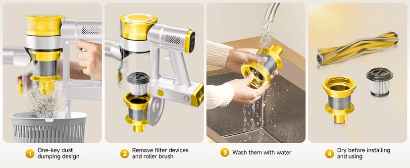 Cordless Vacuum Cleaner, 35Kpa Vacuum Cleaner for Home, 45Mins Stick Vacuum with LED Display, Anti-Tangle & Wall Mount Charging, 6 in 1 Lightweight Vacuum for Hard Floors, Carpet, Pet Hair (yellow)