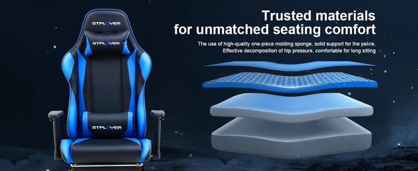 GTPLAYER Gaming Chair with Footrest, Ergonomic Computer Game Desk Chair, Reclining Game Chair Seat Height Adjustment, Swivel Rocker with Headrest and Lumbar (Blue)
