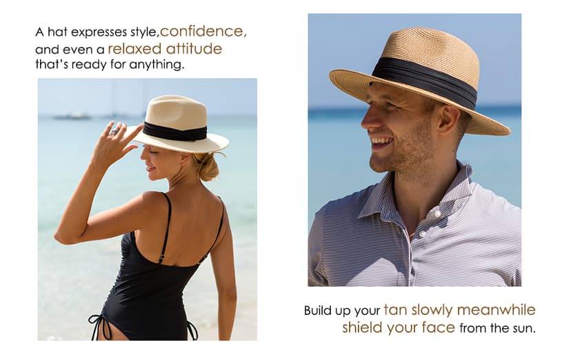 FURTALK Panama Hat Sun Hats for Women Men Wide Brim Fedora Straw Beach Hat UV UPF 80+