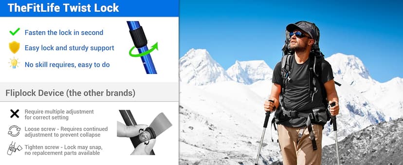 TheFitLife Nordic Walking Trekking Poles - 2 Sticks with Anti-Shock and Quick Lock System, Telescopic, Collapsible, Ultralight for Hiking, Camping, Mountaining, Backpacking, Walking, Trekking