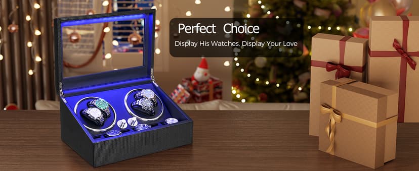 ANWBROAD ANWBROAD Watch Winder for Automatic Watches 4 Watch Rotator and 6 Extra Storages with Super Quiet Motor and LED Backlight Turner Carbon Fiber Shaker 5 Rotating Modes USB UJWW002F