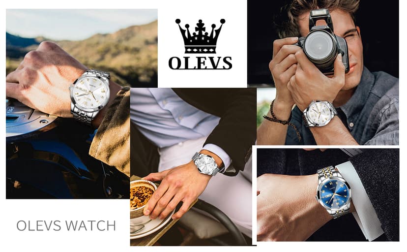 OLEVS Watch for Men Diamond Business Dress Analog Quartz Stainless Steel Waterproof Luminous Date Two Tone Luxury Casual Wrist Watch Blue