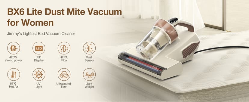 Jimmy Mattress Vacuum Cleaner, Bed Vacuum with UV & Ultrasound, High Heating, Smart Dust Sensor, 15Kpa Powerful Suction, Lightweight, Deep Clean Dust and Pet Hair in One Go(BX6 Lite, Corded)