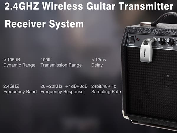 Wireless Guitar System 2.4 GHz with 6 Channels Rechargeable Lithium Battery Transmitter Receiver for Electric Guitar Bass Keyboard Piano