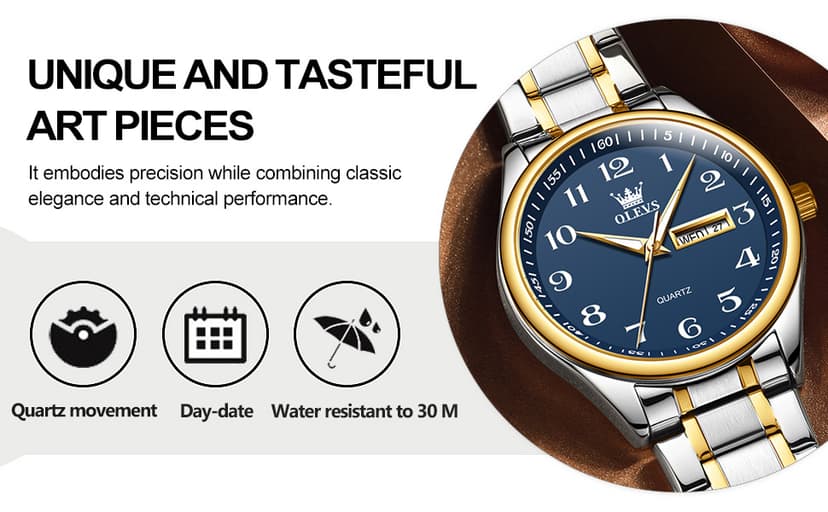 OLEVS Men's Casual Stainless Steel Watch, Big Face Easy to Read Analog Quartz Watch with Day and Date, Classic Waterproof Diamond Roman Arabic Numerals Dial Dress Watch for Men, Gold Silver Black Band