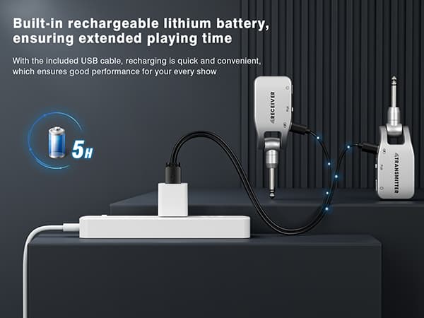 Wireless Guitar System 2.4 GHz with 6 Channels Rechargeable Lithium Battery Transmitter Receiver for Electric Guitar Bass Keyboard Piano