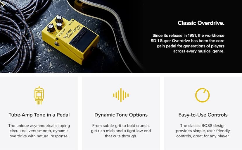 BOSS SD-1 SUPER Overdrive | Compact Overdrive Pedal | Genre-Defining Sound & Feel | Unique Clipping Circuitry Produces Tube-Like Characteristics | Dynamic Tone Options | Easy-To-Use Controls