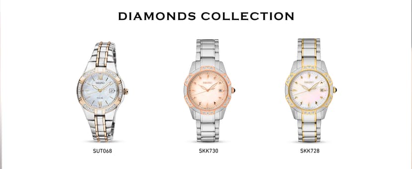 SEIKO Watch for Women - Diamond Collection - with 18 Diamond Accents, Solar Power, Mother-of-Pearl Dial, Two-Tone Rose Gold Stainless Steel Case & Bracelet, and Water-Resistant to 50m