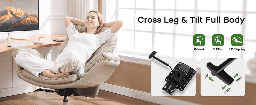 amseatec Criss Cross Chair with Armrests & Wheels for Cross-Legged Sitting, Comfortable Adjustable Swivel Office Desk Chair –PU Leather Vanity Chair for Home, Makeup and Bedroom (Cream)