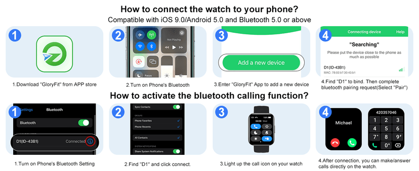 RUIMEN Smart Watches for Women Men (Answer/Make Calls) Compatible with iPhone/Android Phones, 1.85" HD Screen Fitness Tracker Heart Rate Monitor 100+ Sports Tracker Watch Waterproof (Blue)