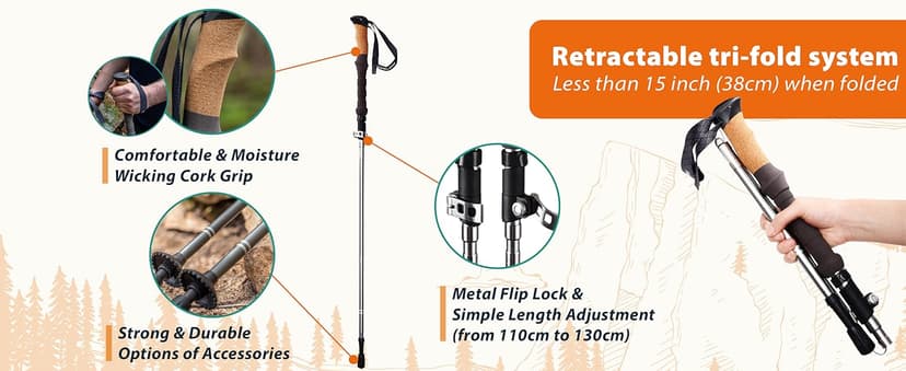TREKOLOGY Trek-Z Cork Grip Trekking Poles – Lightweight Folding Hiking Poles, Adjustable Height, Compact Travel Design, Aircraft-Grade Aluminum Walking Sticks for Men & Women