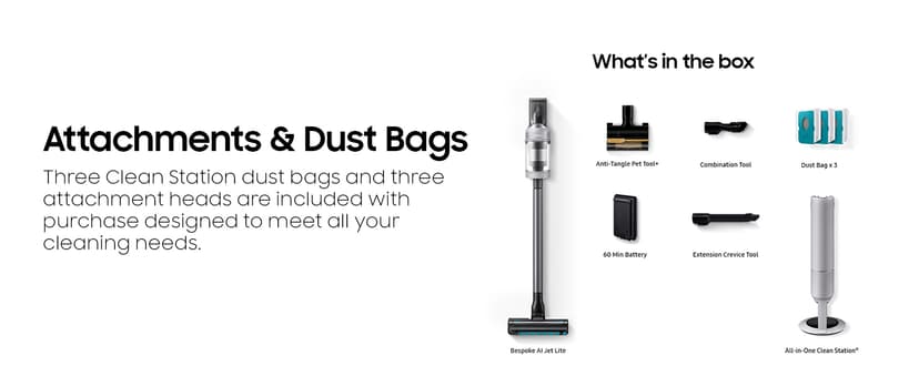 Samsung Bespoke AI Jet Lite Cordless Stick Vacuum with All-in-One Clean Station, 280AW Suction, Long Battery Life, Anti-Tangel Pet Tool, 2025, Pebble Gray, VS80F28DMP/AA