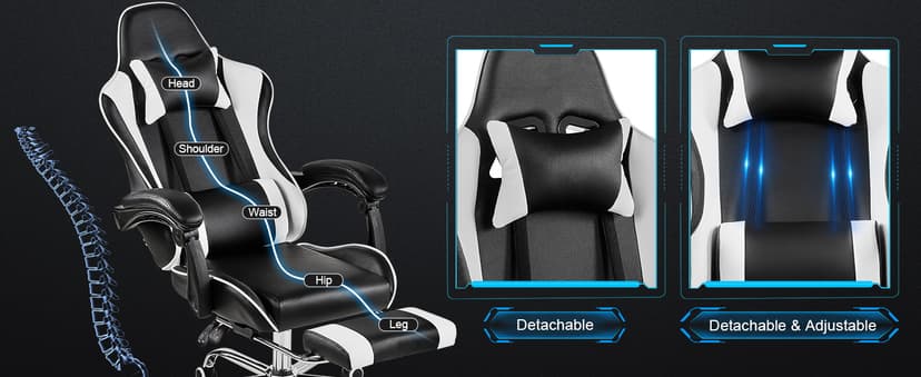 VECELO Ergonomic Gaming Chair with Footrest, Comfy Recliner Computer Chair, Swivel Seat, Height Adjustable, High Back PU Leather, Lumbar Support, Headrest for Adults, Black