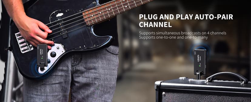 LEKATO Wireless Guitar System with Charging Case, Rechargeable 2.4GHz Wireless Transmitter Receiver Guitar Wireless System 4 Channels with Dual Plugs 3.5mm/6.35mm,(WS-100)