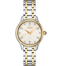 SEIKO Watch for Women - Diamond Collection - with 18 Diamond Accents, Solar Power, Mother-of-Pearl Dial, Two-Tone Rose Gold Stainless Steel Case & Bracelet, and Water-Resistant to 50m