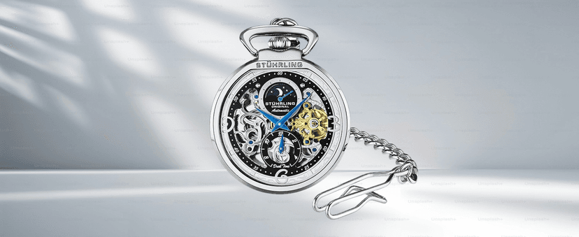 Stuhrling Mens Automatic Dress Watch Stainless Steel with Automatic Skeleton with Duel Time AM/PM Indicator