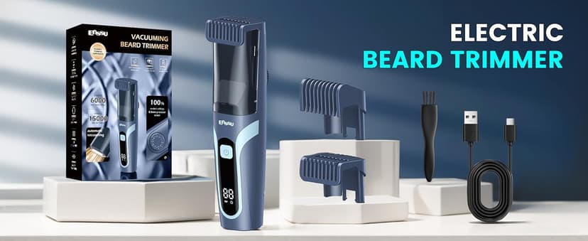 ENSSU Beard Trimmer for Men - Vacuum Mustache Trimmer with Adjustable 20 Length Setting for Less Mess,IPX7 Waterproof Rechargeable Electric Mens Beard Trimmer for Precision Facial Hair, Sideburns