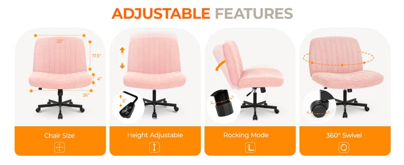 Orange Factory Criss Cross Chair Wheels Wide Cross Legged Office Desk Vanity Chair Comfy Fabric Armless Adjustable Swivel for Home Computer Task (Pink)