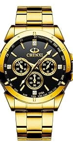 DREAMING Q&P Fq-005 Classic Style Gold Stainless Steel Mens Wrist Watches with Crystals for Man